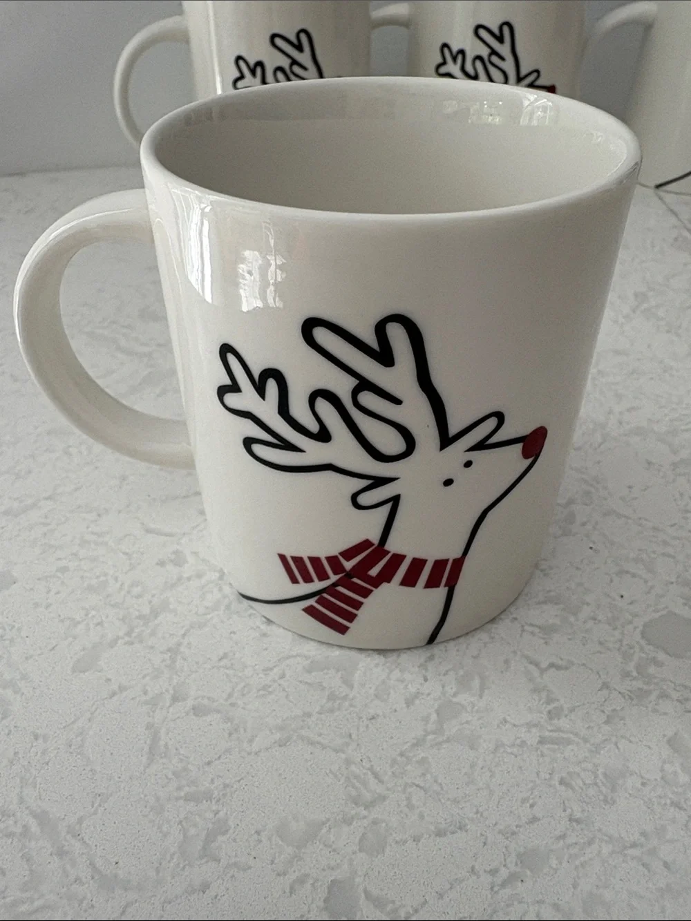 Crate&Barrel White Reindeer Mugs with Red Accent - Set of 4